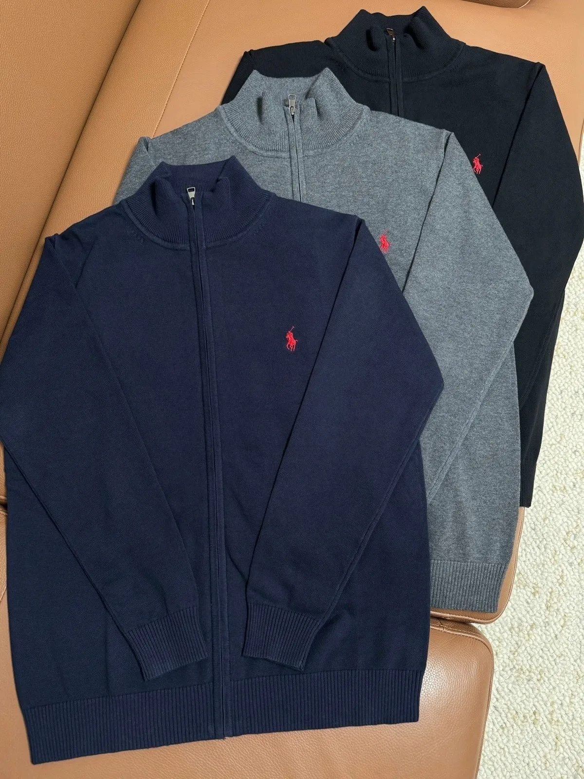 P220 M401#Ralph Lauren pony embroidered zipper sweater Color: black royal blue dark gray Size: M-XXL